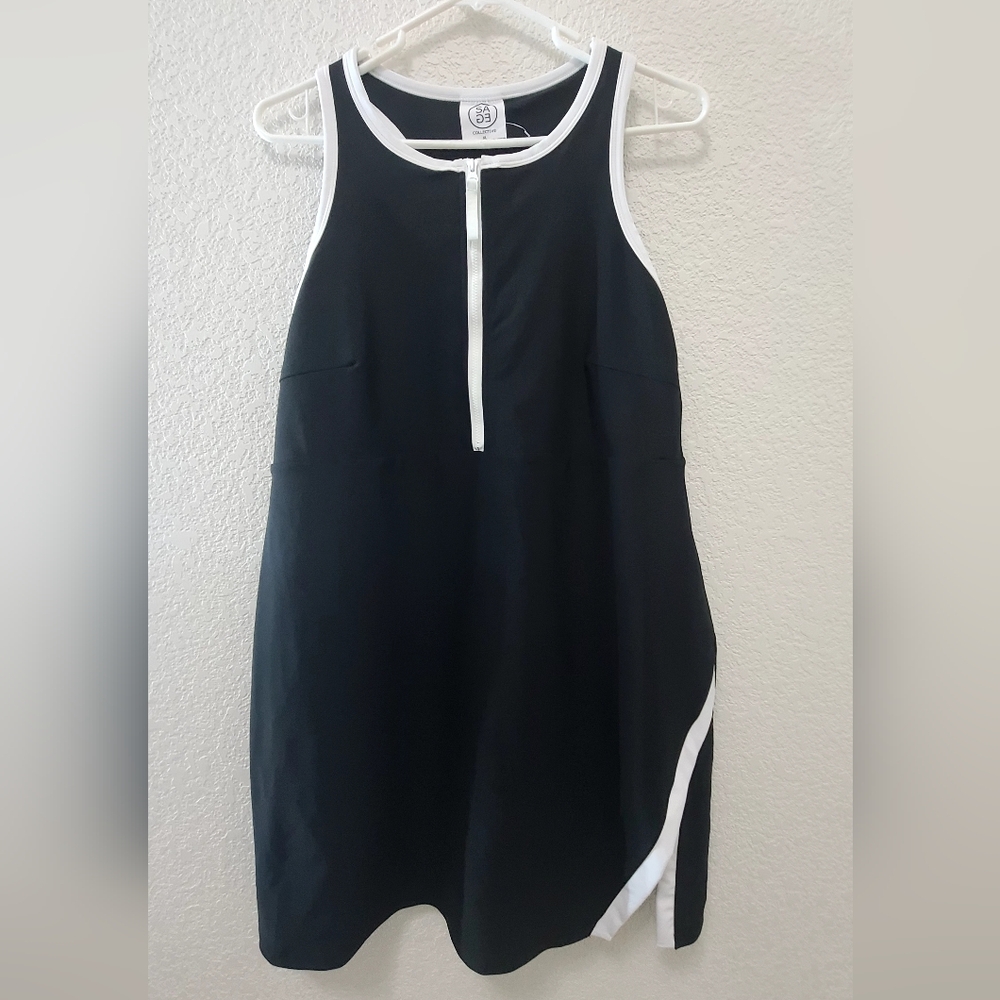 Black and White Sleeveless Athletic Dress With Built In Shorts With Pocket.